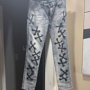 Reason Gray Straight Leg Jeans with Black Pattern